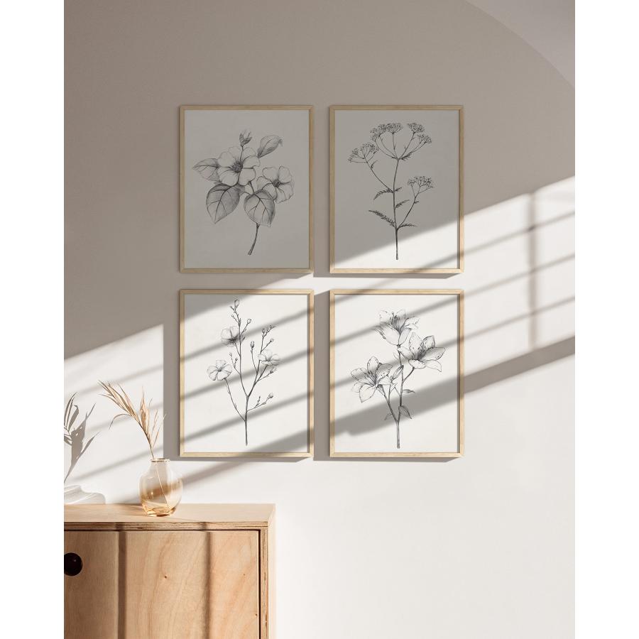 Haus and Hues グレーフローラルウォールアート - 4枚セット 植物ポスター 壁用 ビンテージ 植物プリント 白黒の花の写真 部屋 美的 農家 バスルーム 素朴なアー_4