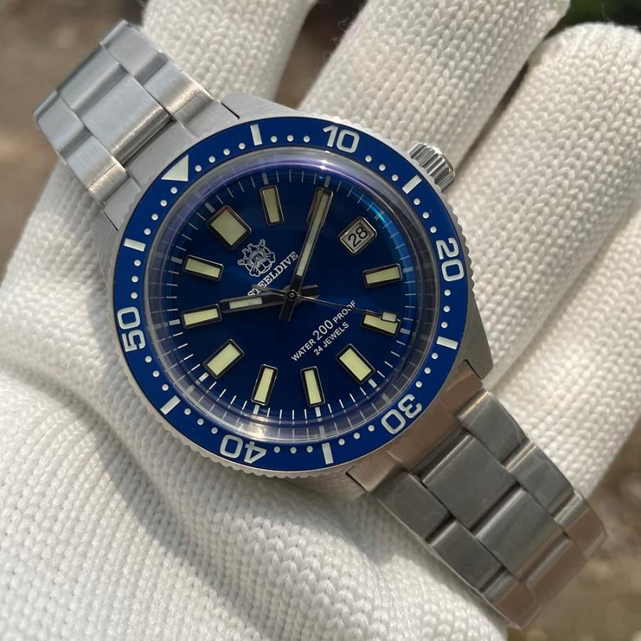Steeldive SD1962 200M 防水 62MASメンズダイバーウォッチ セラミックベゼル サファイアガラス NH35 自動機械式腕時計、ブルー, ブルー, ブレスレットの画像