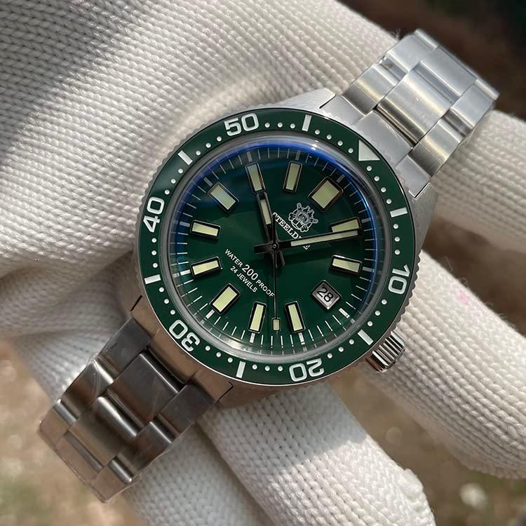 Steeldive SD1962 200M 防水 62MASメンズダイバーウォッチ セラミックベゼル サファイアガラス NH35 自動機械式腕時計, グリーン, ブレスレットの画像