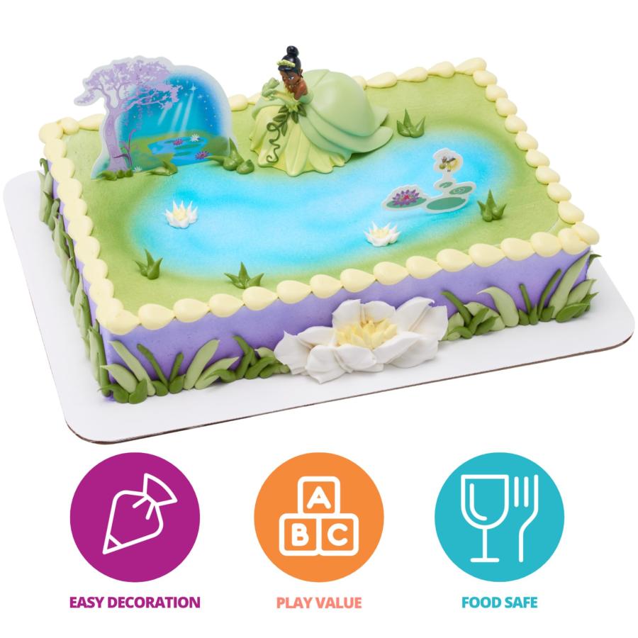 DecoSet〓 ディズニー プリンセス ティアナ ケーキトッパー 3ピース ケーキデコレーション ティアナとカエルの置物 睡蓮の写真 背景風景写真の画像