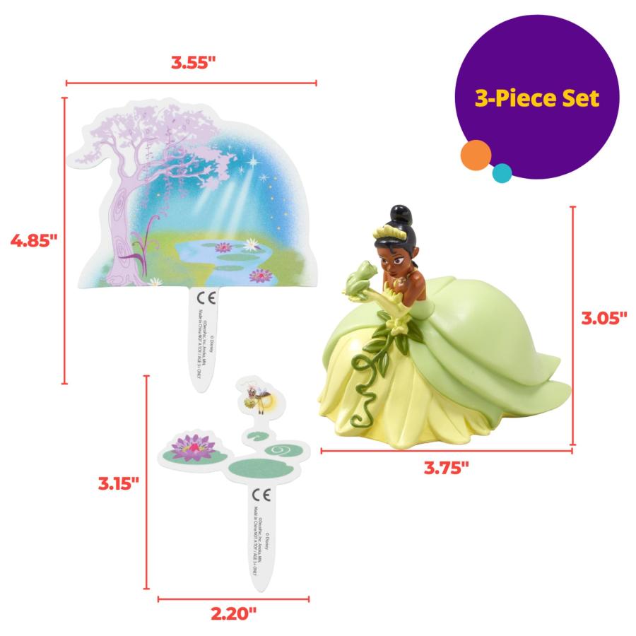 DecoSet〓 ディズニー プリンセス ティアナ ケーキトッパー 3ピース ケーキデコレーション ティアナとカエルの置物 睡蓮の写真 背景風景写真の画像