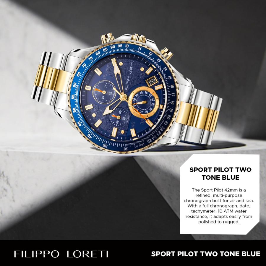 FILIPPO LORETI スポーツパイロット ツートーン ブルー クロノグラフ メカカルツ 42mm 100M 防水 腕時計 男性用 42mm, 42mmの画像