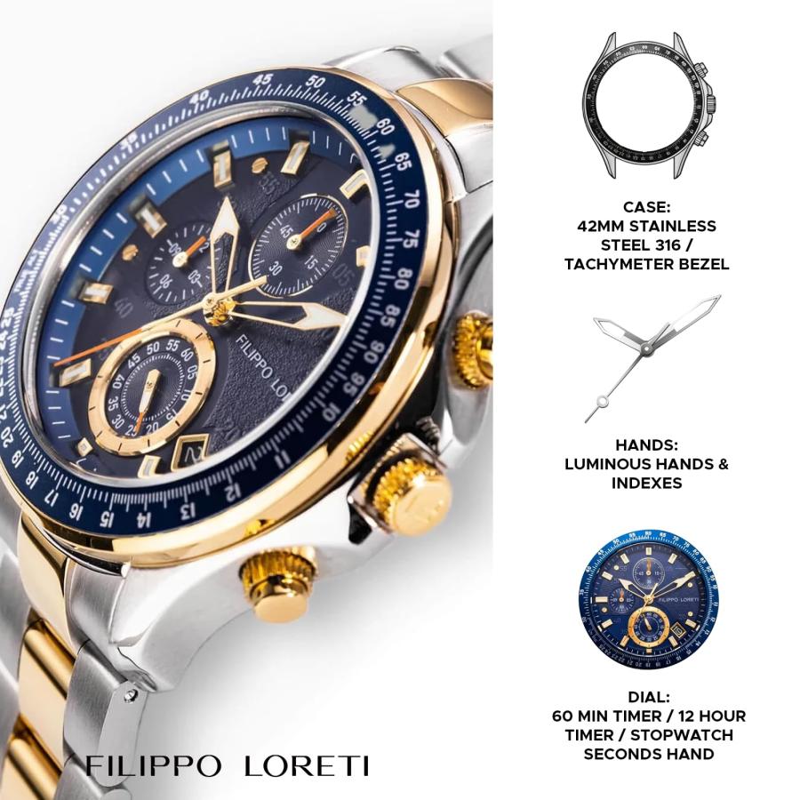 FILIPPO LORETI スポーツパイロット ツートーン ブルー クロノグラフ メカカルツ 42mm 100M 防水 腕時計 男性用 42mm, 42mmの画像