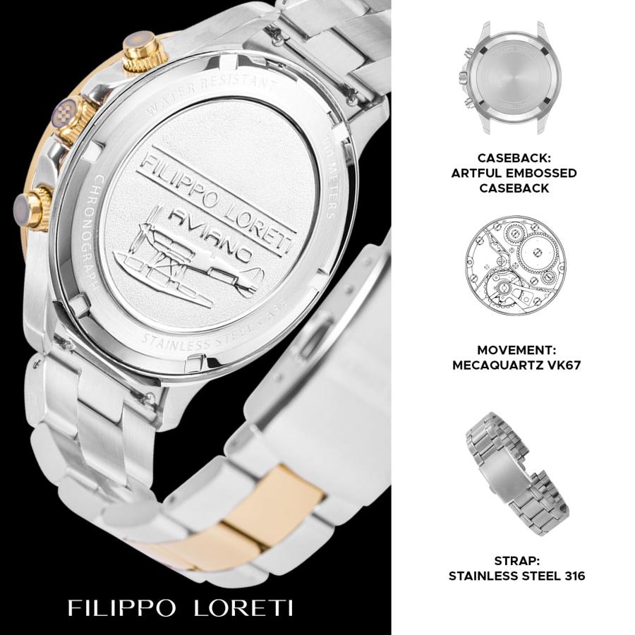 FILIPPO LORETI スポーツパイロット ツートーン ブルー クロノグラフ メカカルツ 42mm 100M 防水 腕時計 男性用 42mm, 42mmの画像