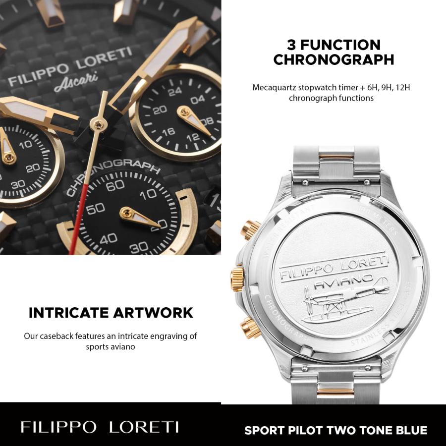 FILIPPO LORETI スポーツパイロット ツートーン ブルー クロノグラフ メカカルツ 42mm 100M 防水 腕時計 男性用 42mm, 42mmの画像