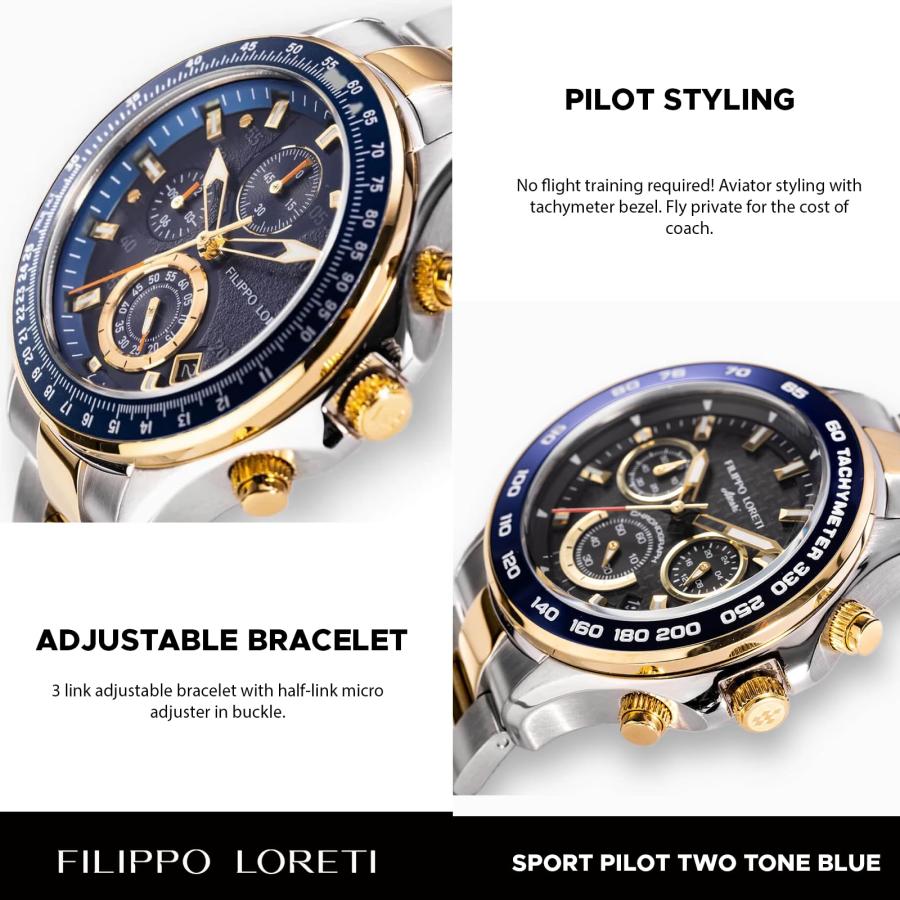 FILIPPO LORETI スポーツパイロット ツートーン ブルー クロノグラフ メカカルツ 42mm 100M 防水 腕時計 男性用 42mm, 42mmの画像