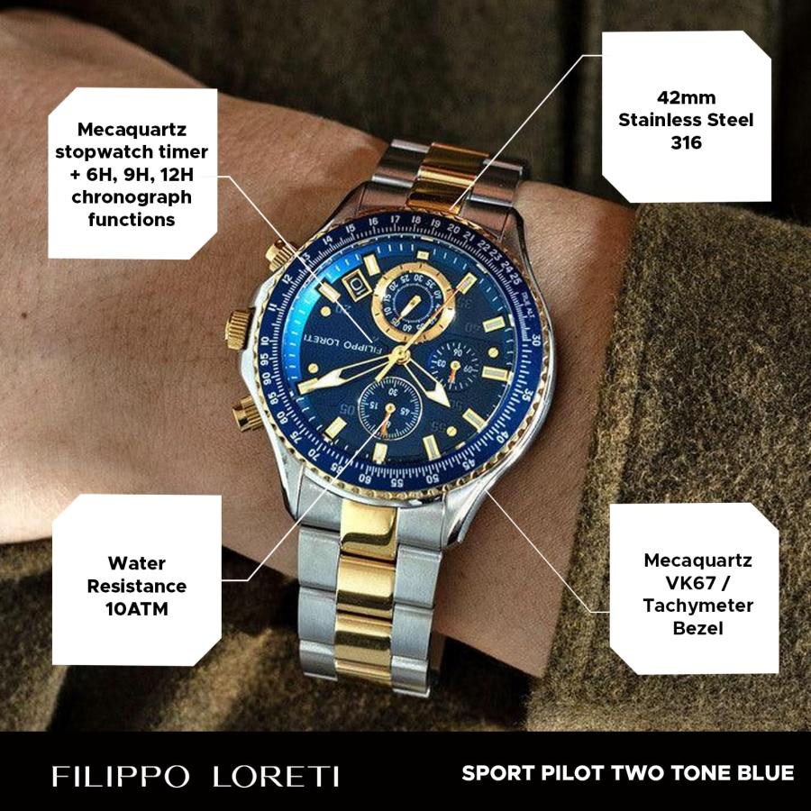 FILIPPO LORETI スポーツパイロット ツートーン ブルー クロノグラフ メカカルツ 42mm 100M 防水 腕時計 男性用 42mm, 42mmの画像