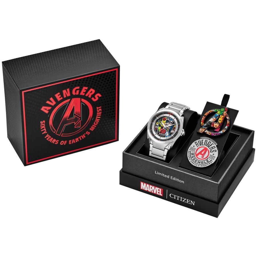 CITIZEN エコドライブ マーベル アベンジャーズ 60周年記念 メンズ腕時計 AW2080-64W 42.5mm シルバーステンレス ピン付きギフトセット 光充電の画像