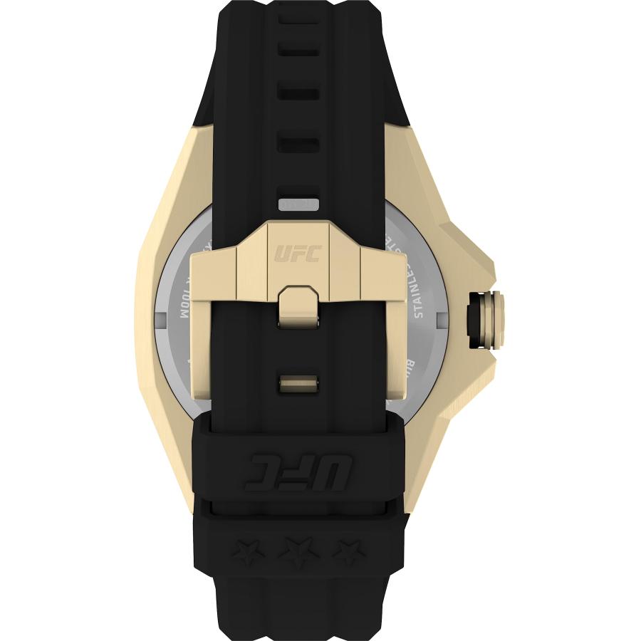 Timex UFC プロ 自動巻き メンズ腕時計 45mm ゴールドトーンケース＆文字盤 ブラックストラップ 日本ムーブメント UFC公式ライセンスの画像