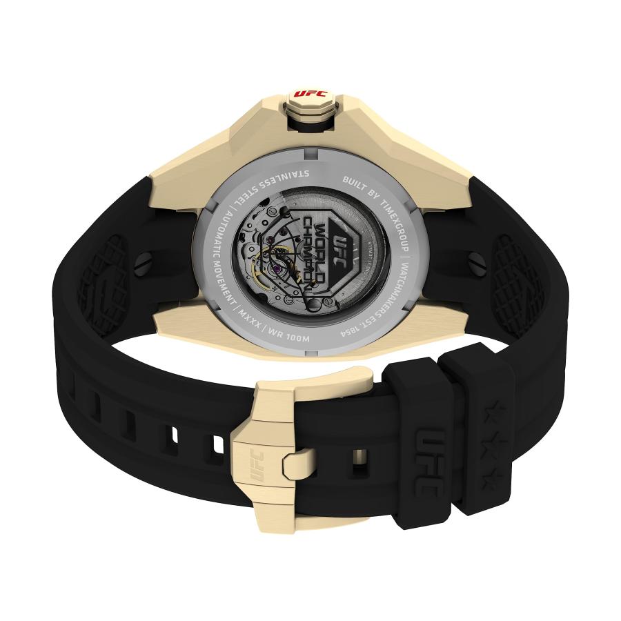 Timex UFC プロ 自動巻き メンズ腕時計 45mm ゴールドトーンケース＆文字盤 ブラックストラップ 日本ムーブメント UFC公式ライセンスの画像