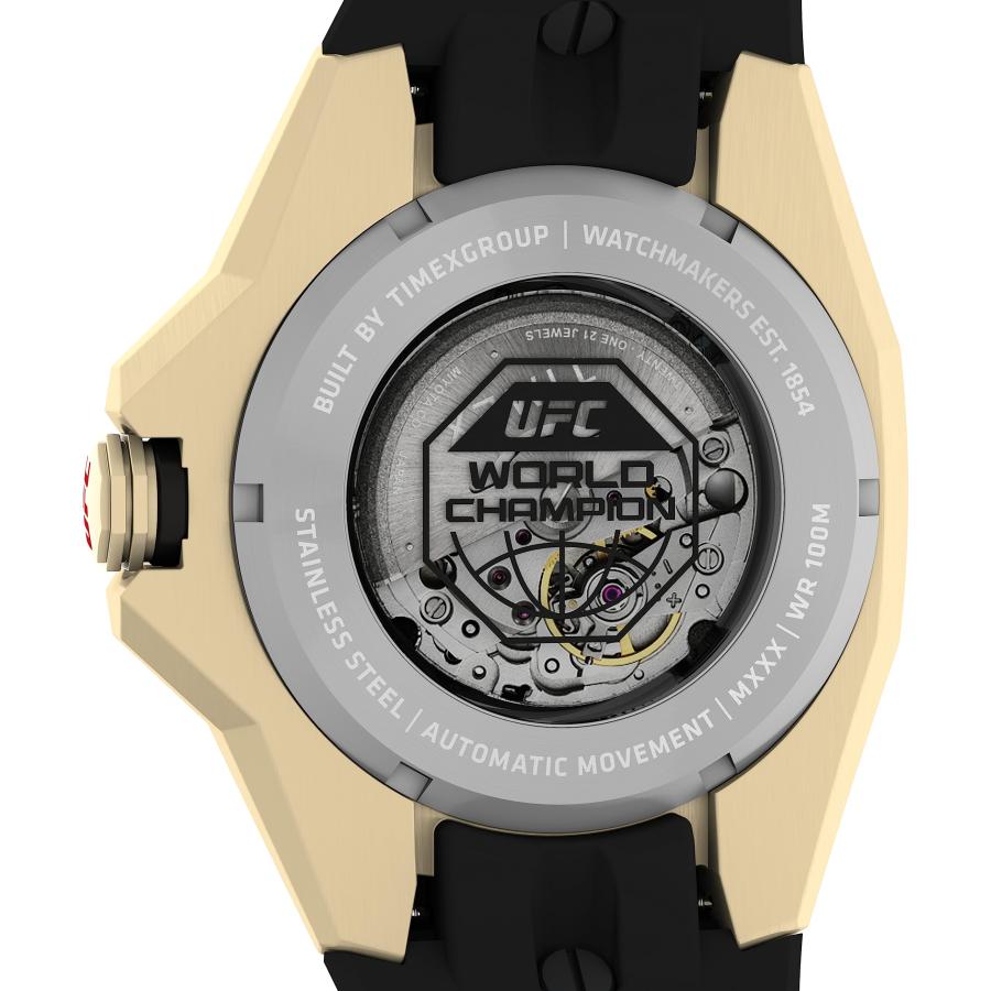 Timex UFC プロ 自動巻き メンズ腕時計 45mm ゴールドトーンケース＆文字盤 ブラックストラップ 日本ムーブメント UFC公式ライセンスの画像