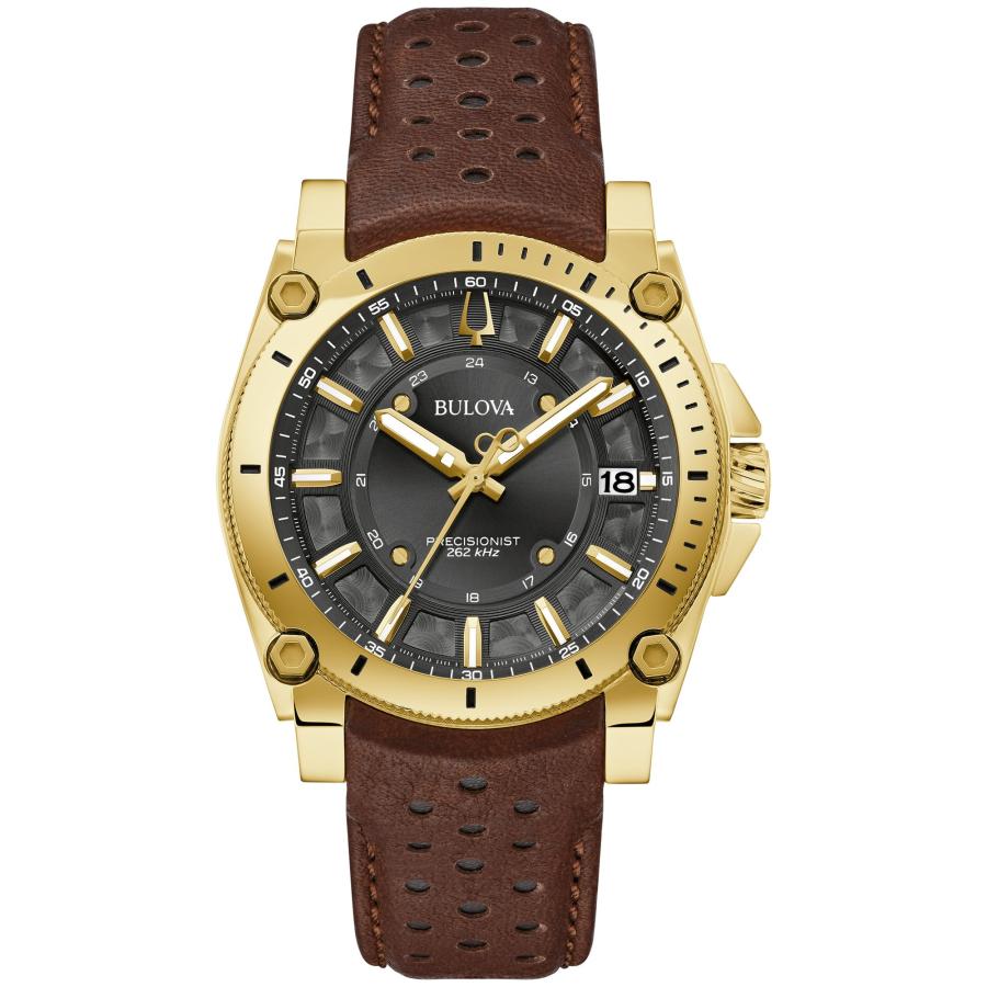 Bulova Icon High Precisionist メンズ 3針 ゴールドトーン ステンレスケース ブラウンレザーストラップ ブラック ...