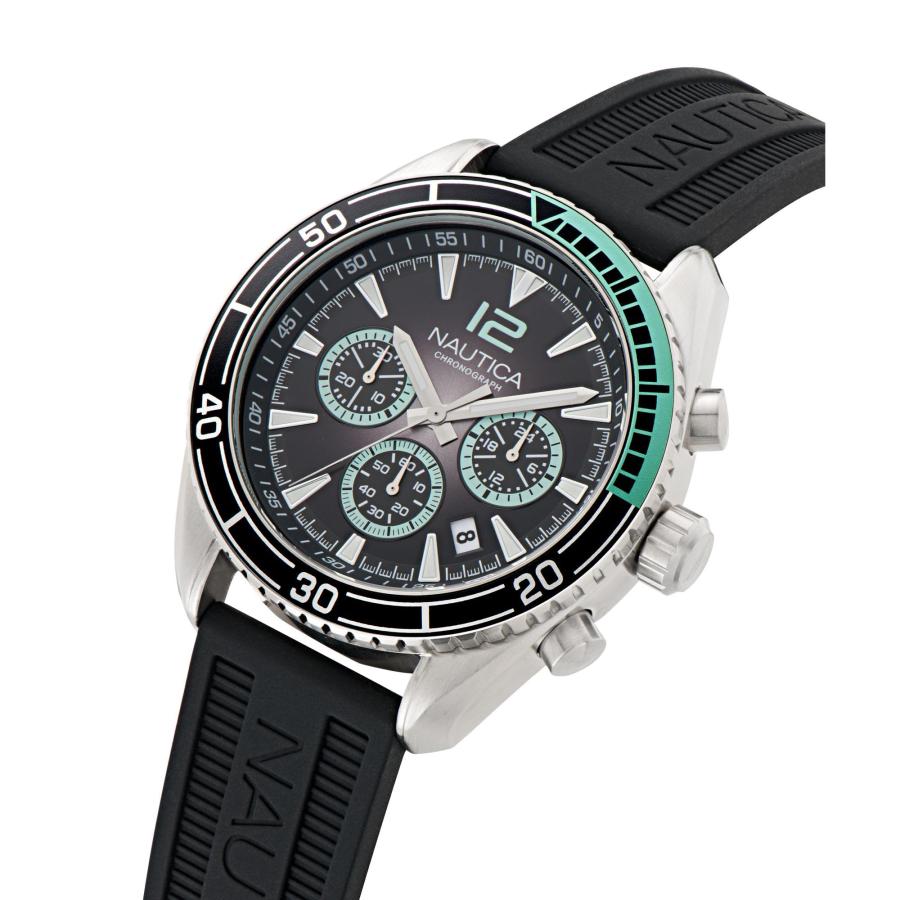 Nautica メンズ Key Biscane クロノグラフ ブラック シリコンストラップ ウォッチ NAPKBF305 46mm リサイクルステンレスケース 夜光針の画像