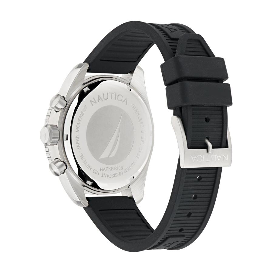 Nautica メンズ Key Biscane クロノグラフ ブラック シリコンストラップ ウォッチ NAPKBF305 46mm リサイクルステンレスケース 夜光針の画像