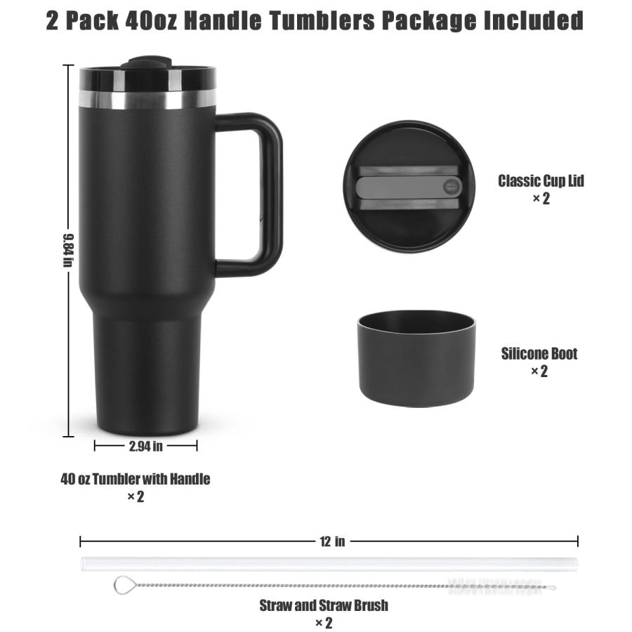 Temolulu 2 Pack 40 oz Tumbler with Handle and Straw Lid, Stainless Steel Double Wall Vacuum Insulated Travel Mug, Insulated Coffee Mug, with Siliconeの画像