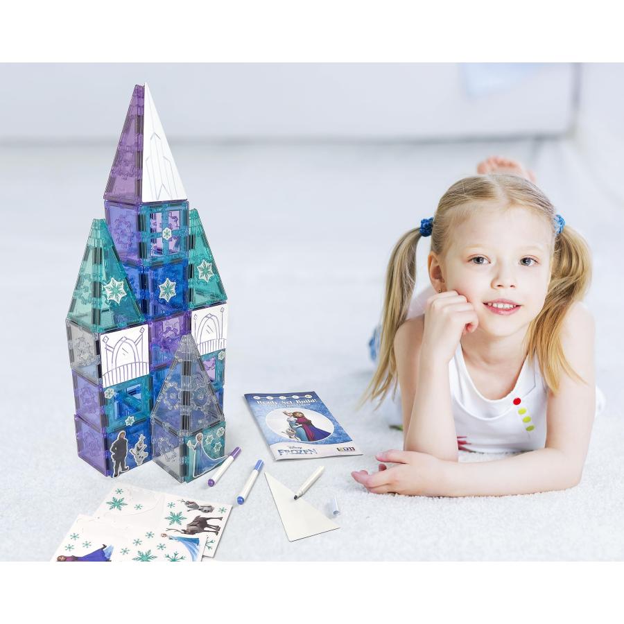 Tytan Toys Disney Frozen Magnetic Tiles Princess Castle - 68-Piece STEAM Building Set with Glitter Tiles ＆ Elsa， Anna， Olaf Stickers - Educational Fr