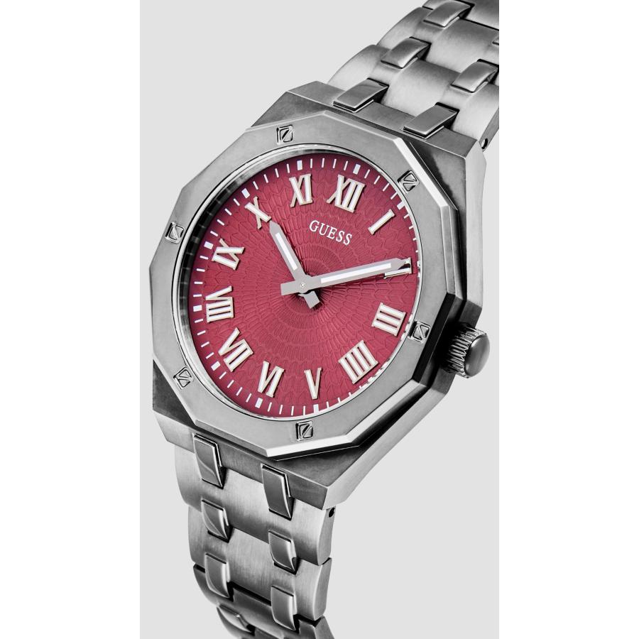 GUESS メンズ アナログ 42mm ガンメタルブレスレット レッドダイヤル ガンメタルケース ステンレスブレスレット ウォッチの画像