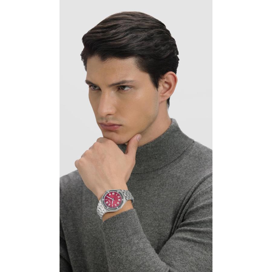 GUESS メンズ アナログ 42mm ガンメタルブレスレット レッドダイヤル ガンメタルケース ステンレスブレスレット ウォッチの画像