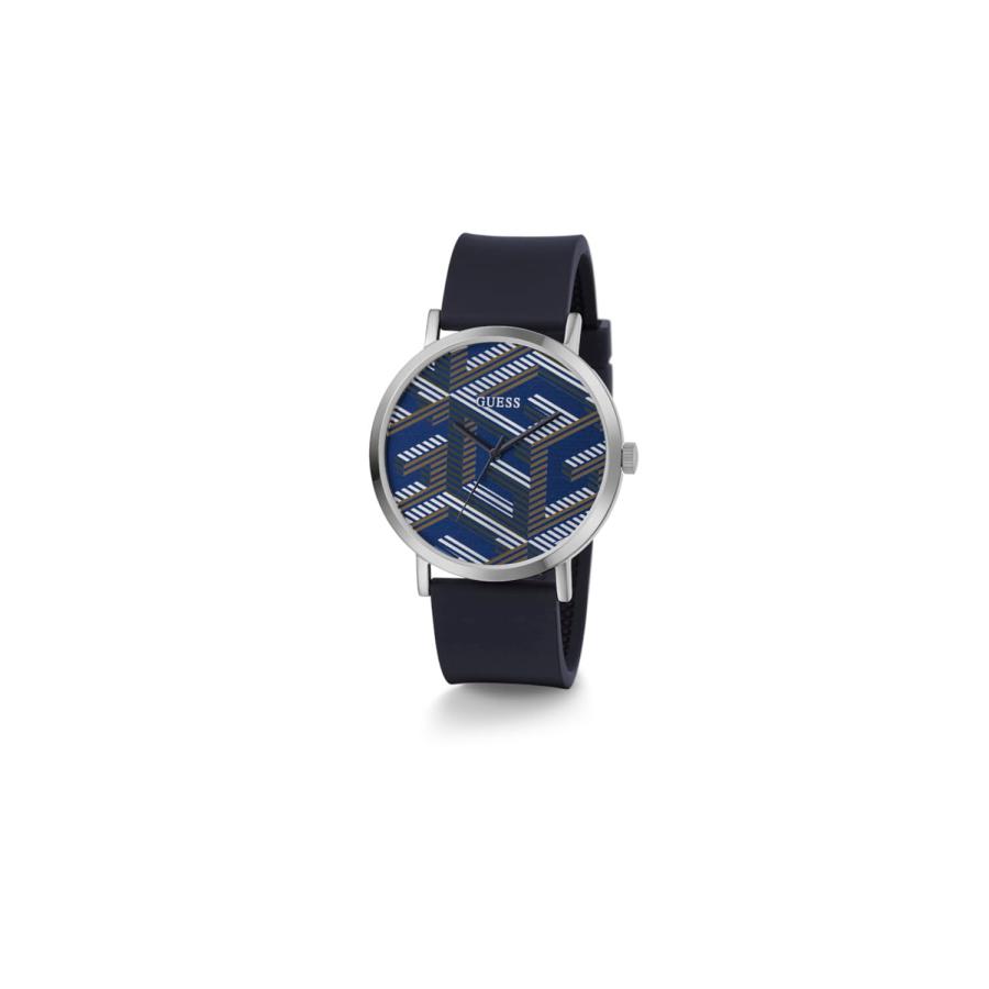 GUESS メンズ アナログ 44mm ネイビーストラップ ネイビーダイヤル シルバートーンケース ウォッチの画像