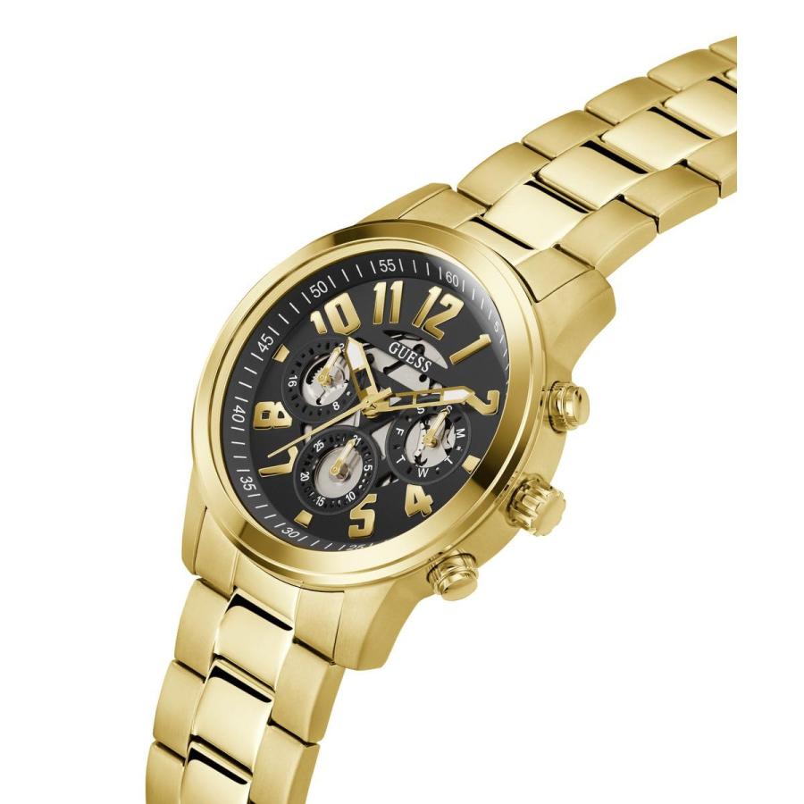 GUESS メンズ 44mm クォーツ腕時計 ゴールドトーン ステンレスブレスレット ブラックダイヤル マルチファンクションの画像