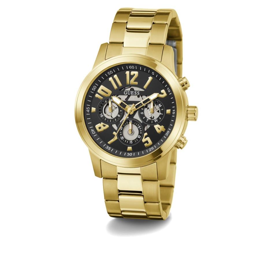 GUESS メンズ 44mm クォーツ腕時計 ゴールドトーン ステンレスブレスレット ブラックダイヤル マルチファンクションの画像