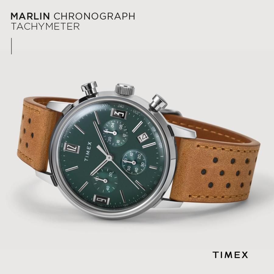 Timex Marlin 40mm クロノグラフ タキメーター ブラウンレザーストラップ グリーンダイヤル ステンレスケースの画像
