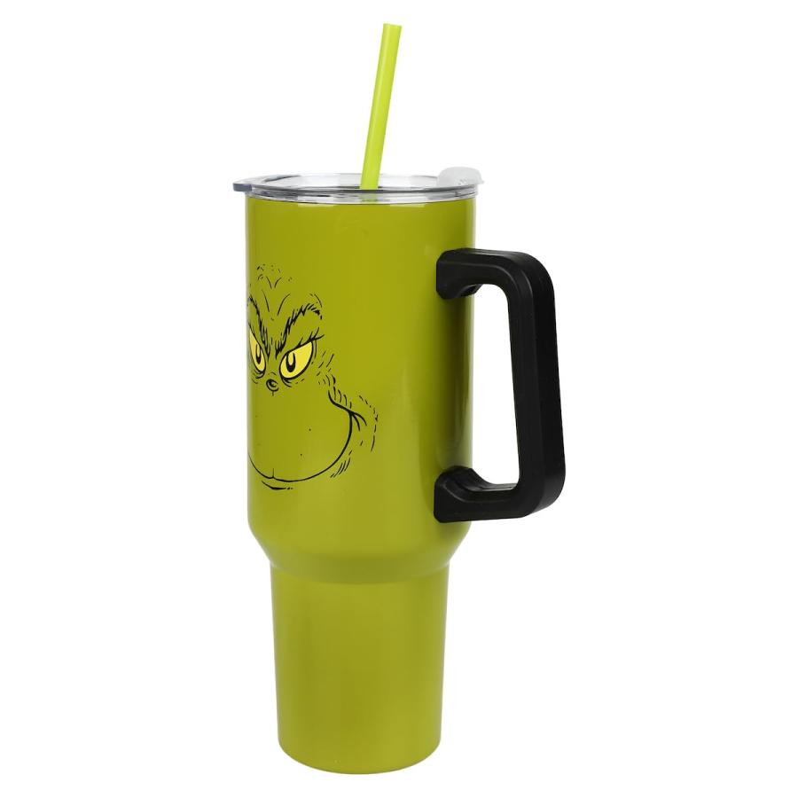 Bioworld Grinch Grinning Face 40 Oz Green Stainless Steel Tumbler With Handleの画像
