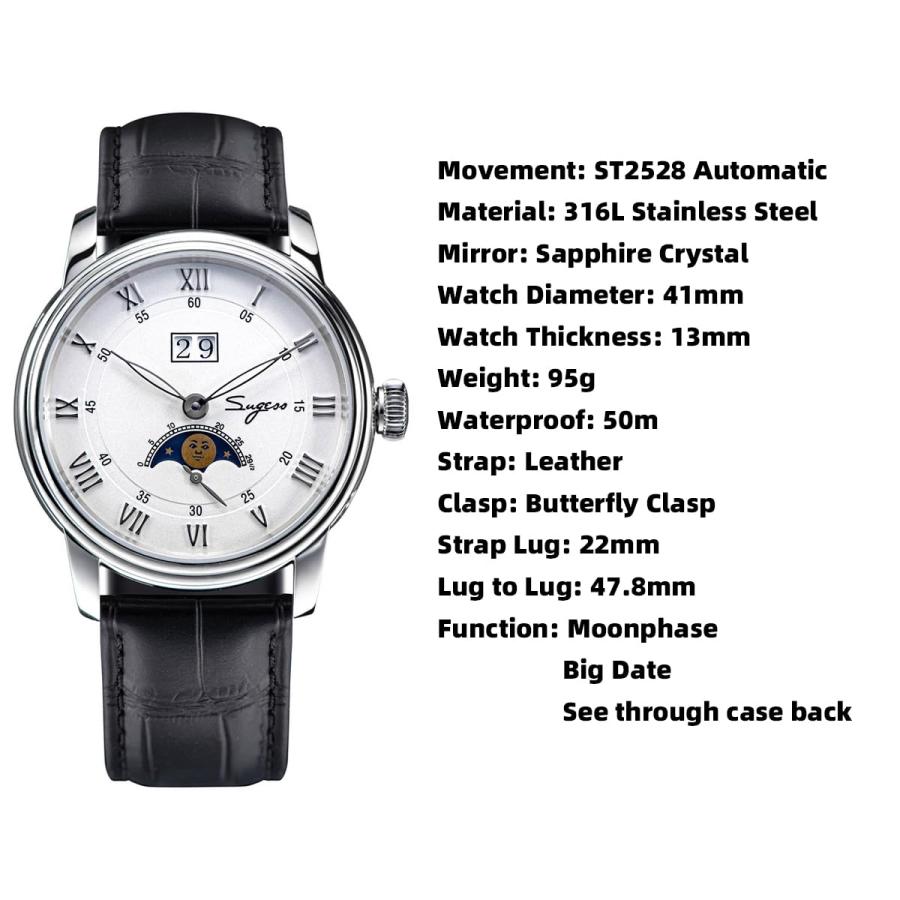 Sugess Automatic Mechanical Moonphase Men Watch Seagull Movement ST2528 Waterproof Big Date Wristwatches (Color 4)の画像