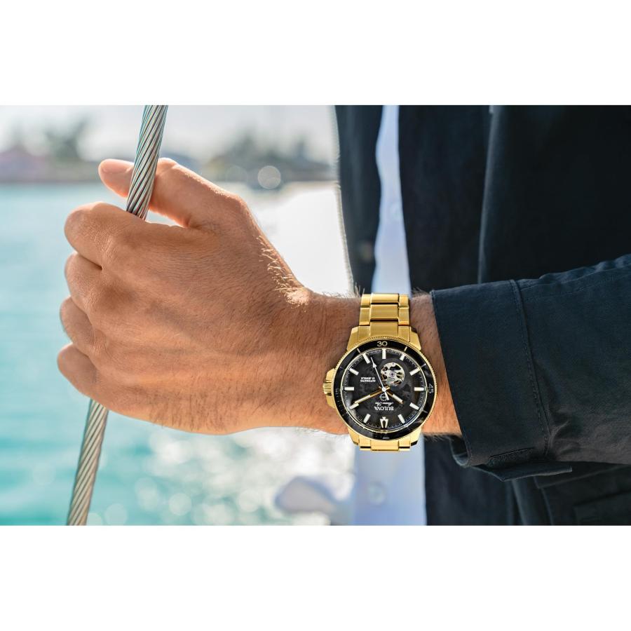 Bulova Marine Star シリーズC 自動巻き フルスケルトン ゴールドトーン 回転ベゼル ミネラルクリスタル 200m防水 97A174の画像