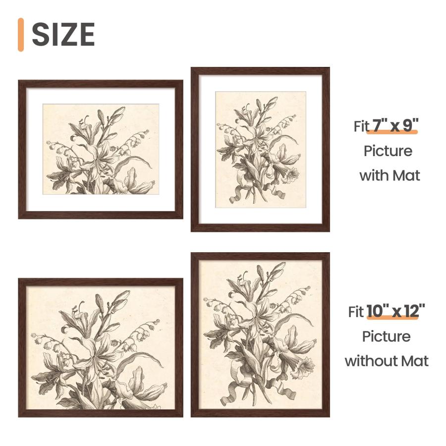 upsimples 10x12 Picture Frame, Display Pictures 7x9 with Mat or 10 x 12 Without, Wall Hanging Photo Frames, Brown, 1 Pack