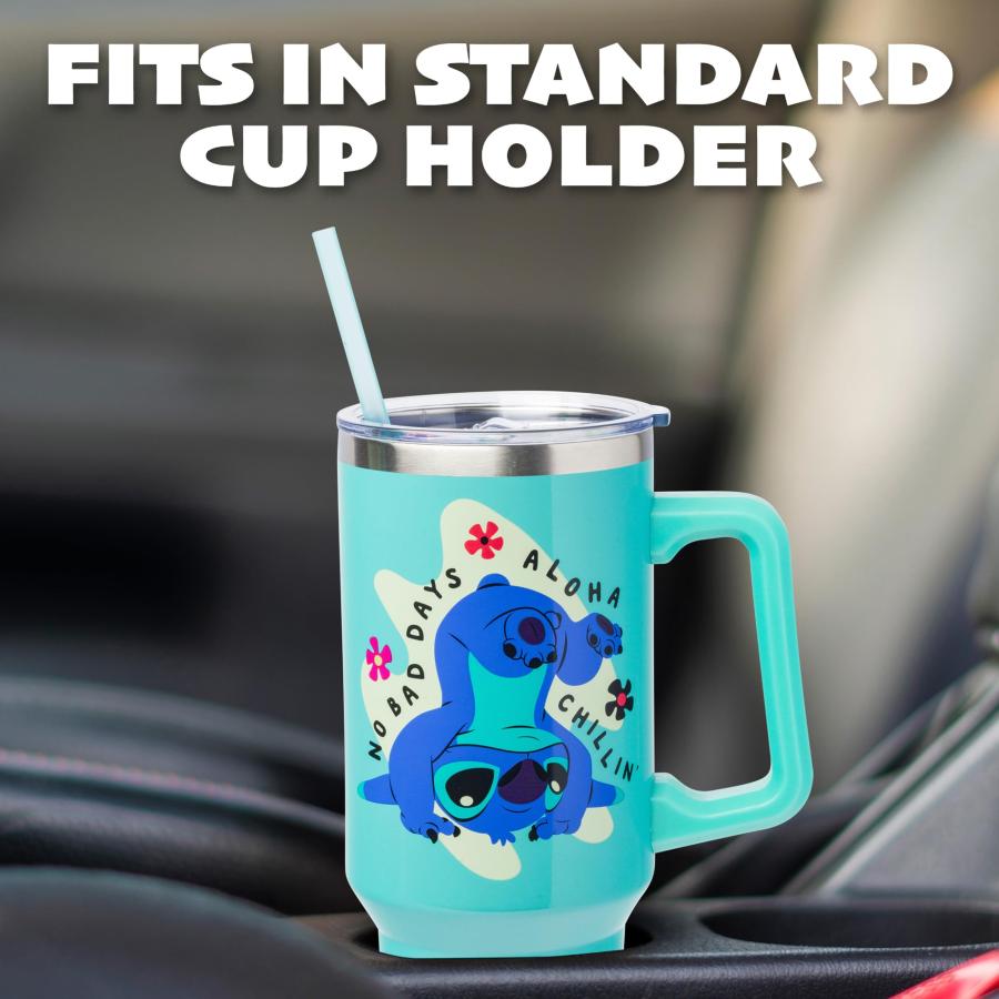 Silver Buffalo Disney Lilo and Stitch Aloha No Bad Days Chillin' Double Walled Stainless Steel Tumbler with Handle and Straw, Fits in Standard Cup Holの画像