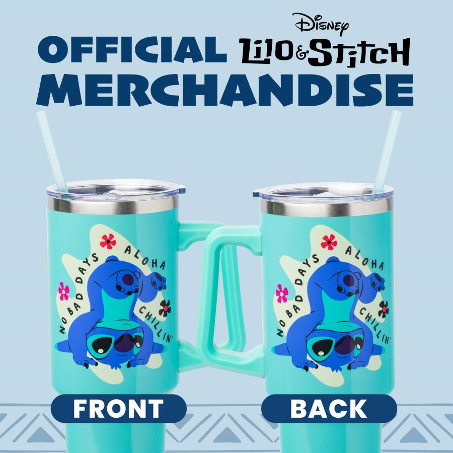 Silver Buffalo Disney Lilo and Stitch Aloha No Bad Days Chillin' Double Walled Stainless Steel Tumbler with Handle and Straw, Fits in Standard Cup Holの画像