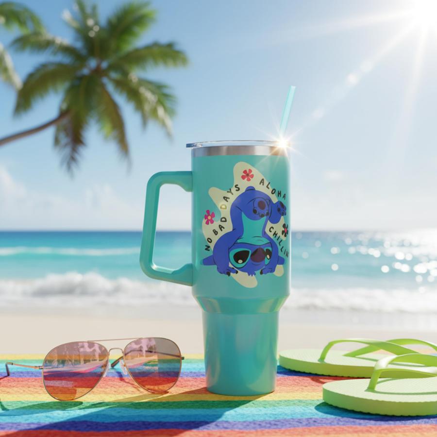 Silver Buffalo Disney Lilo and Stitch Aloha No Bad Days Chillin' Double Walled Stainless Steel Tumbler with Handle and Straw, Fits in Standard Cup Holの画像