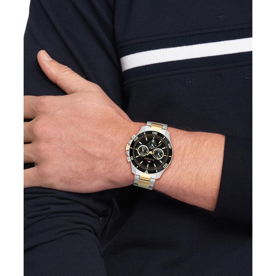 Tommy Hilfiger Sport Lux メンズ腕時計 マルチファンクション クォーツ ツートンステンレス 43mm ミネラルクリスタル 5気圧防水 ブラック文字盤の画像