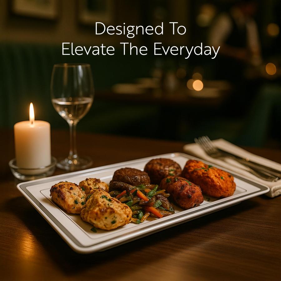 Restaurantware Moderna 7.5 x 5.3 Inch Premium Disposable Plates 100 Rectangular Plastic Plates For Parties - Gold-Rimmed Durable White Plastic Dinnerの画像