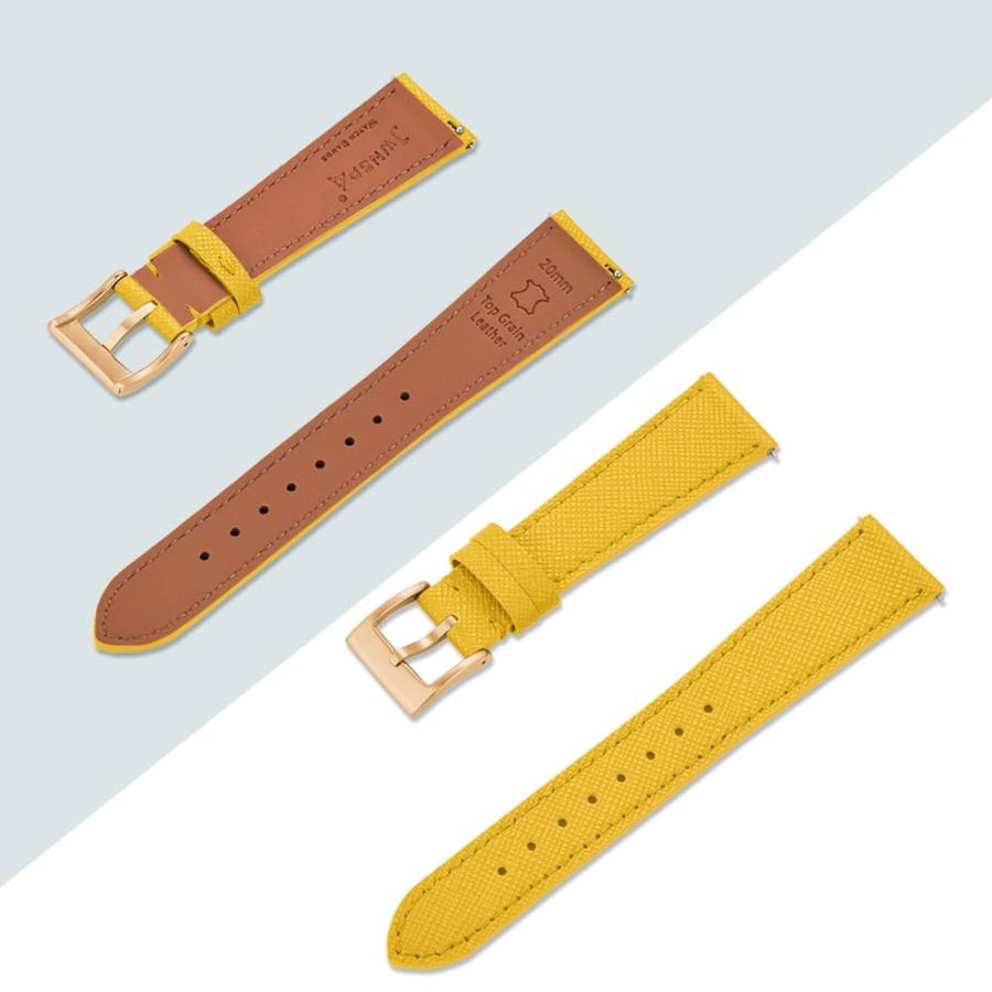 JWNSPA トップグレインレザー腕時計バンド 20mm クイックリリース つや消しバックル イエロー/ゴールド 交換用の画像