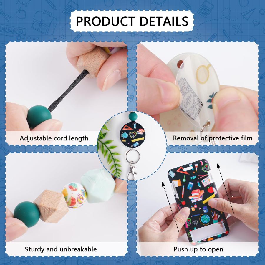 Obookey 学校用ストラップ IDバッジ用 かわいいアップル教室 IDバッジホルダー ストラップ付き キーチェーン付き 教師IDバッジホルダー シリコンビーズ 分離式スの画像