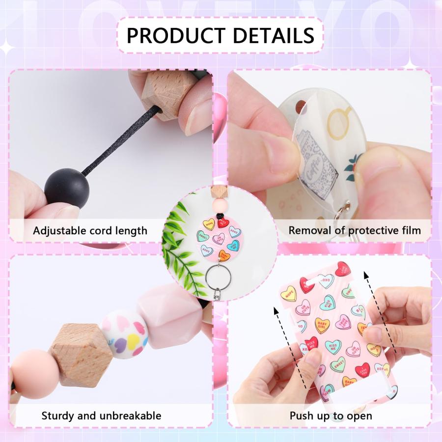 IDバッジ用バレンタインランヤード - IDホルダー付きかわいいハートのランヤード シリコンビーズアクセサリー 独身パーティー ピンクネームタグカード バレンタの画像