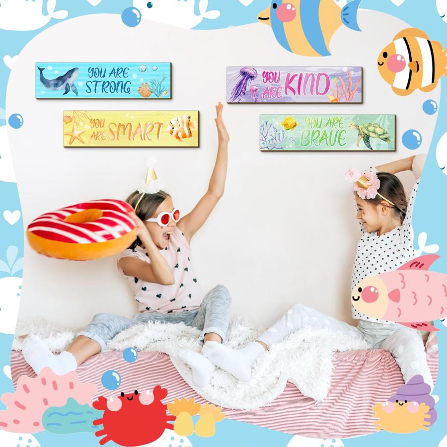Geetery 海・ビーチ 木製壁掛けサイン 4枚セット 約30×8cm 子供部屋 バスルーム ウォールアート_1