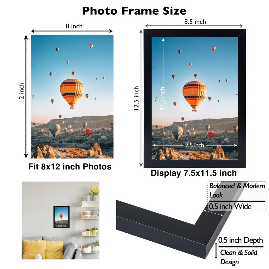 JCJMY 8x12インチ 写真フレーム ブラック 壁掛けまたは卓上用、壁取り付け水平または垂直方向、8 x 12インチ ウォールギャラリー ポスターフォトフレーム 飛散防_2