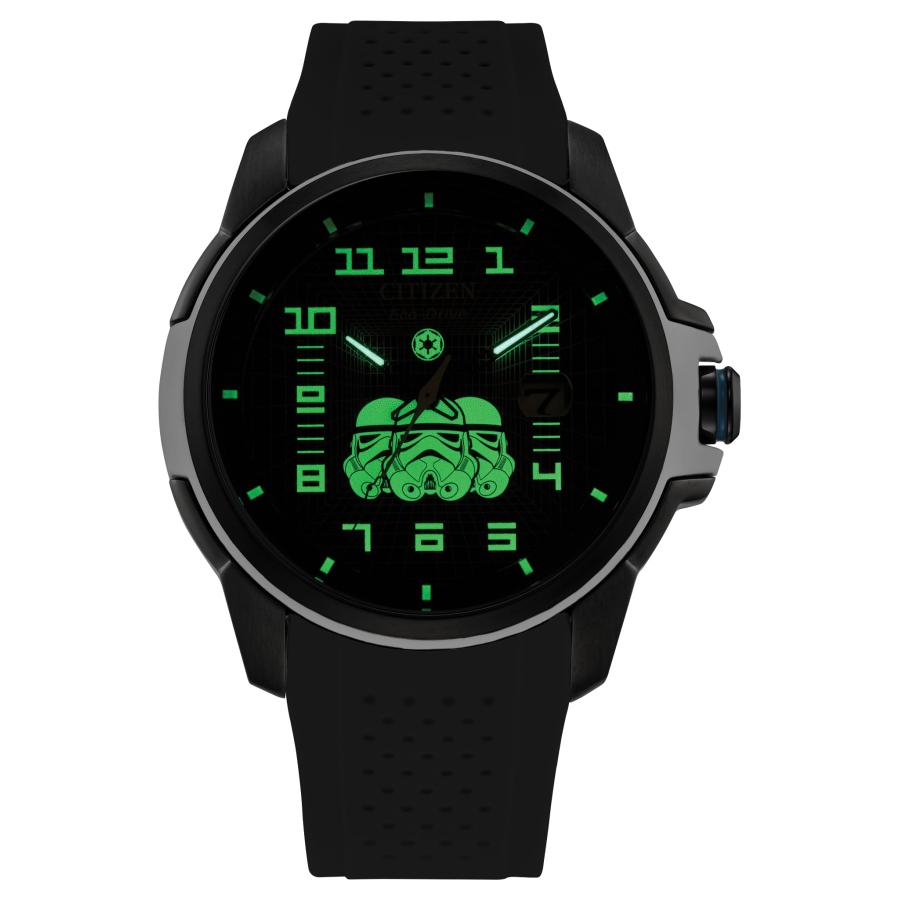 CITIZEN エコドライブ スター・ウォーズ ストームトルーパー 腕時計 AW1659-00W ブラックIPステンレス シリコンストラップ 夜光の画像