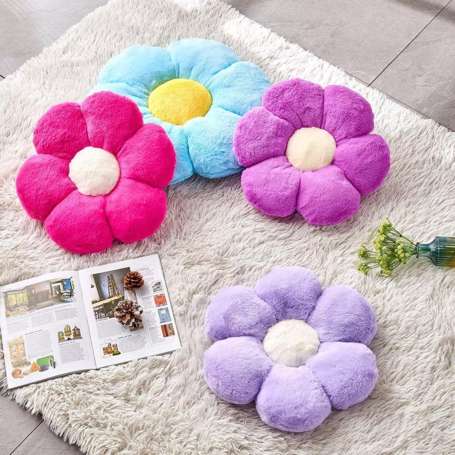 Kcvvcr フラワーピロー かわいい花の形 スローピロー ソフトな人工ウサギの毛皮付き ホットピンク 19.6インチ フラワー フラシ天 スローピロー フロアピロー 部の画像