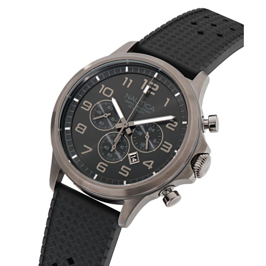 Nautica メンズ クロノグラフ NAPBOS401 45mm リサイクルステンレスケース ブラックラバーストラップ ブルーダイヤル 日付 夜光針の画像