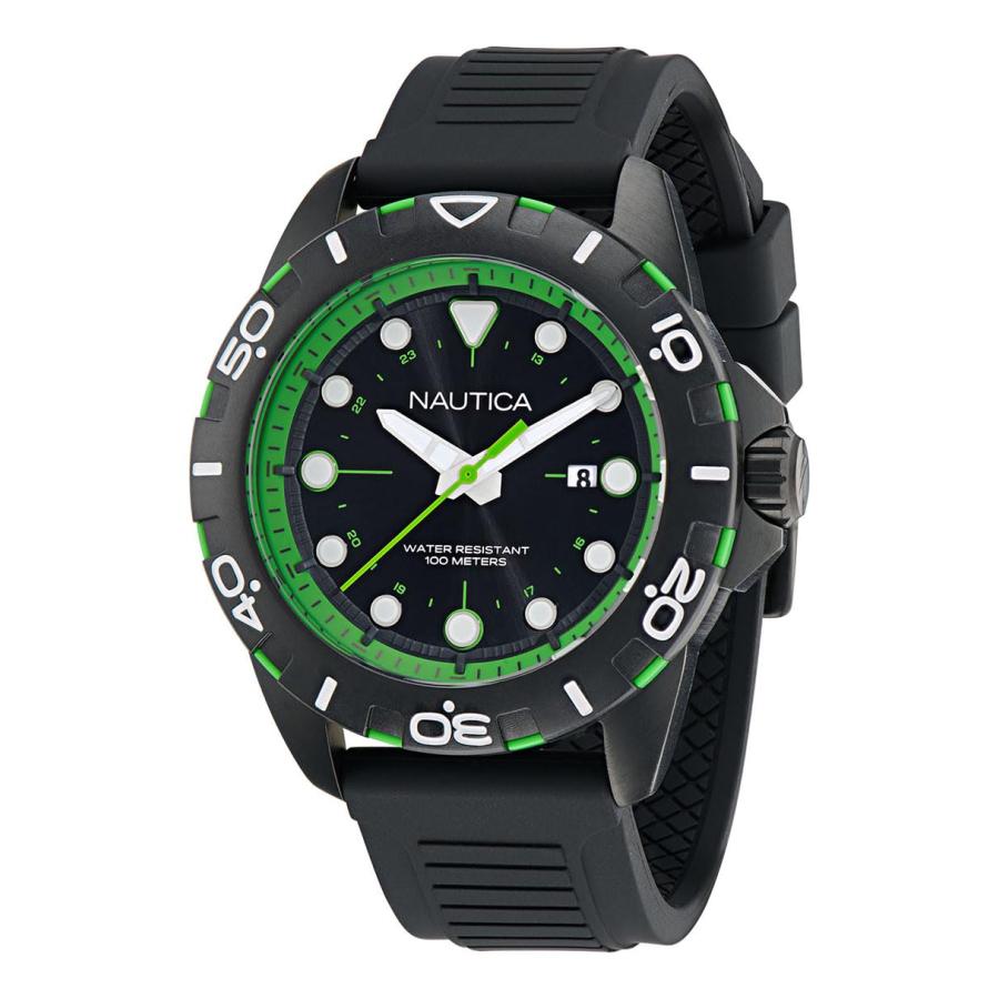 Nautica メンズ アナログ NAPNRS402 44mm リサイクルステンレスケース ブラックシリコンストラップ ブラックダイヤル 日付 夜光針 3針