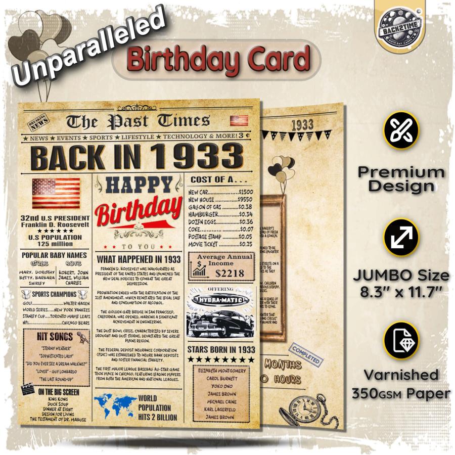 93歳のバースデーカード 男女兼用 ヴィンテージ新聞デザイン 1933年 