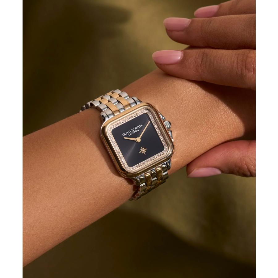 Olivia Burton グロブナー 28mm 腕時計 24000124 ブラックサンレイ クリスタルベゼル ツートーンブレスレット 30m防水の画像