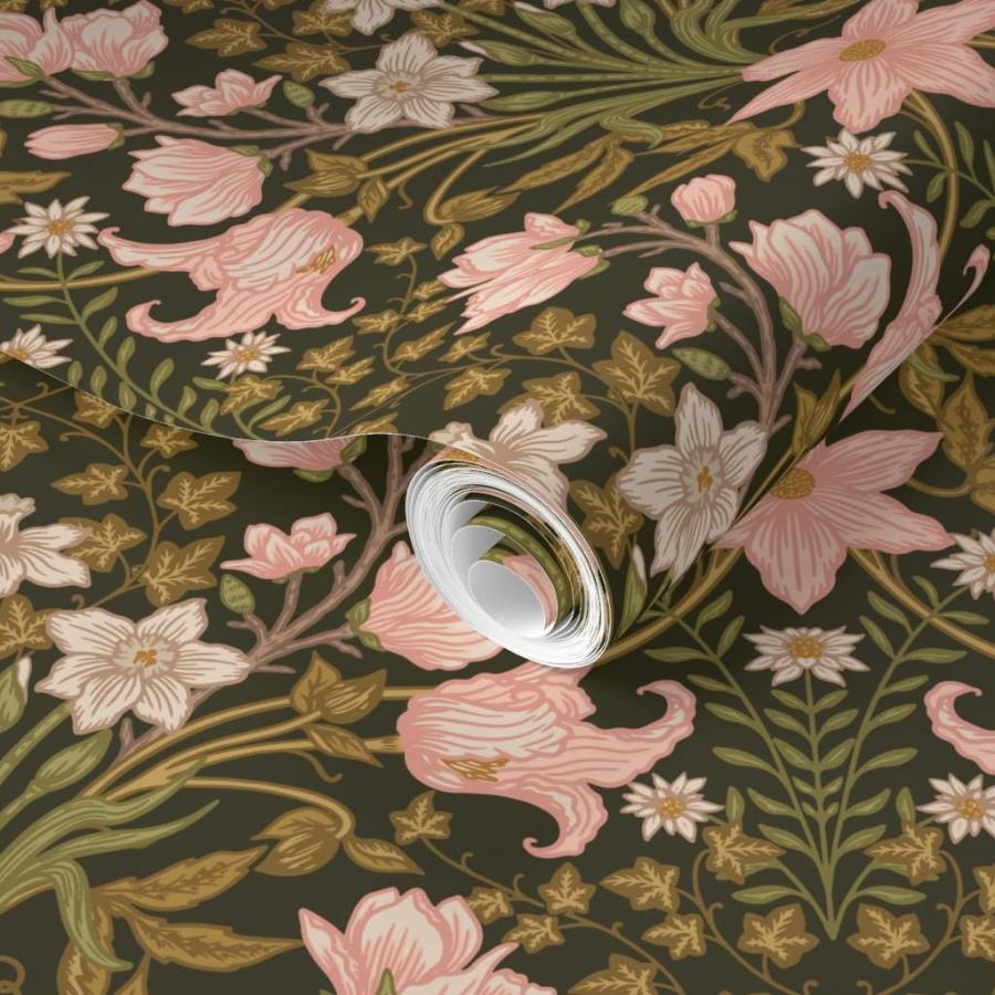 Removable Wallpaper Swatch - William Morris，Botanical，Victorian Ivy，Art Nouveau，Clematis，Magnolia，Daffodil，Vintage Floral，Pink Custom Pre-Pasted Wallp_1