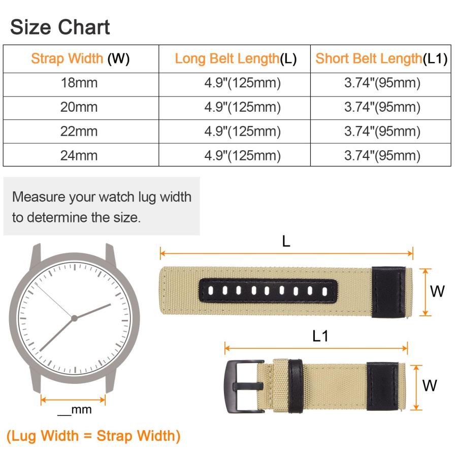 HARFINGTON ナイロン腕時計バンド 24mm クイックリリース キャンバスストラップ ブラックステンレスバックル カーキ 男女兼用の画像