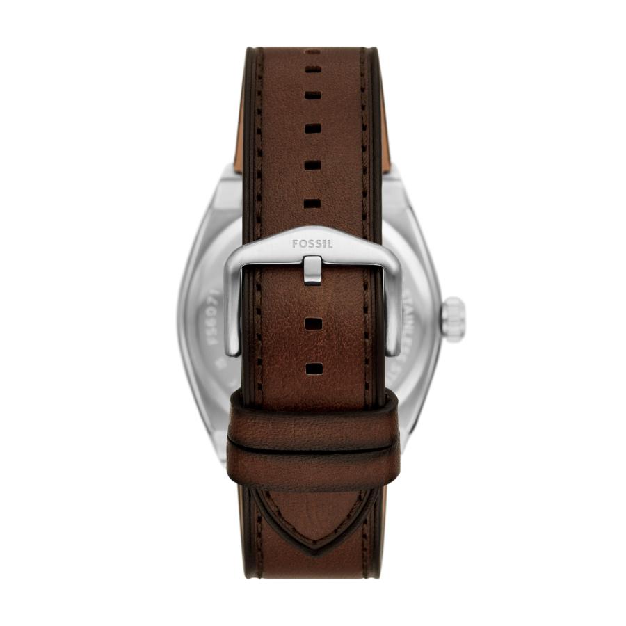 Fossil Everett メンズ 3針デイト 42mm シルバーケース ブラウンレザー クリームダイヤル 5気圧防水の画像