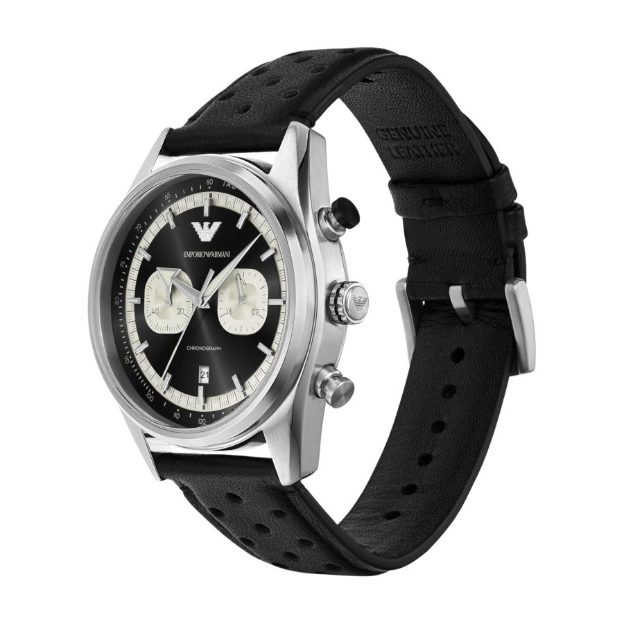 Emporio Armani AR11635 メンズ クロノグラフ 42mm ブラックパーフレザーストラップ ブラックダイヤル 5気圧防水の画像